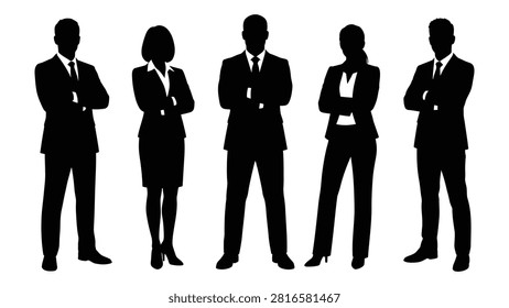 Five professional business people standing confidently with arms crossed