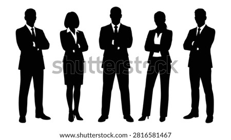 Five professional business people standing confidently with arms crossed