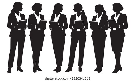 Five professional businesspeople standing and talking together
