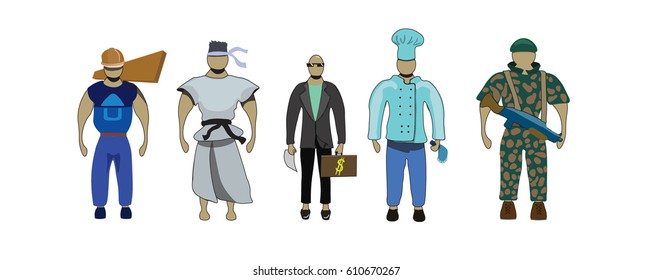 Five professionals working in different fields of activity.