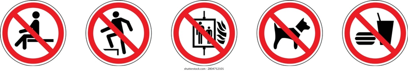 Five prohibited activity icons with red circle