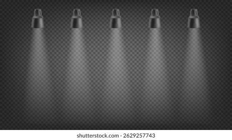 Five projectors on dark background. 3d vector effect isolated on transparent 