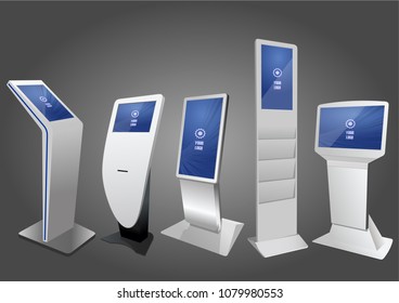 Five Promotional Interactive Information Kiosk, Advertising Display, Terminal Stand, Touch Screen Display. Mock Up Template.