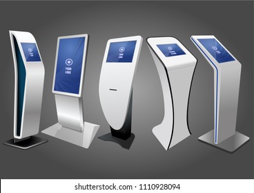 Five Promotional Interactive Information Kiosk, Advertising Display, Terminal Stand, Touch Screen Display. Mock Up Template.
