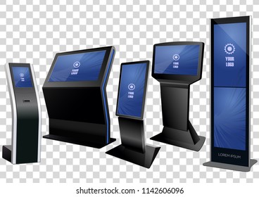 Five Promotional Interactive Information Kiosk, Advertising Display, Terminal Stand, Touch Screen Display isolated on transparent background. Mock Up Template.