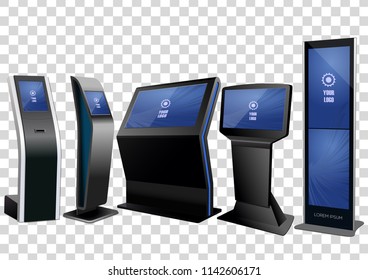 Five Promotional Interactive Information Kiosk, Advertising Display, Terminal Stand, Touch Screen Display isolated on transparent background. Mock Up Template.