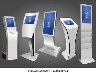 Five Promotional Interactive Information Kiosk, Advertising Display, Terminal Stand, Touch Screen Display. Mock Up Template.