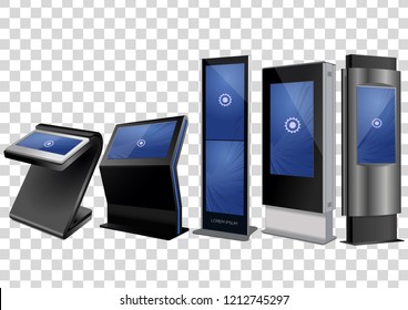Five Promotional Interactive Information Kiosk, Advertising Display, Terminal Stand, Touch Screen Display isolated on transparent background. Mock Up Template.