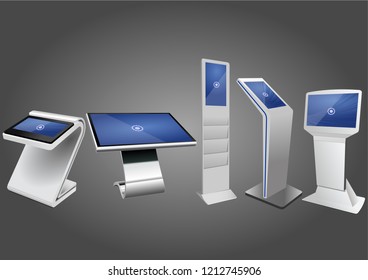 Five Promotional Interactive Information Kiosk, Advertising Display, Terminal Stand, Touch Screen Display. Mock Up Template.