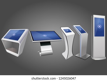 Five Promotional Interactive Information Kiosk, Advertising Display, Terminal Stand, Touch Screen Display. Mock Up Template.