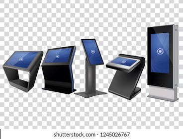 Five Promotional Interactive Information Kiosk, Advertising Display, Terminal Stand, Touch Screen Display isolated on transparent background. Mock Up Template.