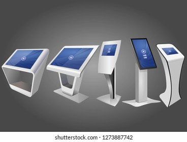 Five Promotional Interactive Information Kiosk, Advertising Display, Terminal Stand, Touch Screen Display. Mock Up Template.
