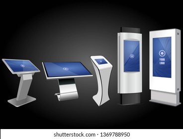 Five Promotional Interactive Information Kiosk, Advertising Display, Terminal Stand, Touch Screen Display. Mock Up Template.