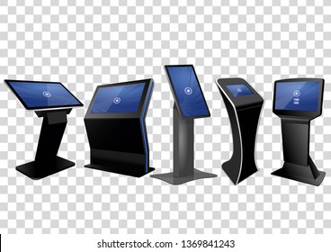 Five Promotional Interactive Information Kiosk, Advertising Display, Terminal Stand, Touch Screen Display isolated on transparent background. Mock Up Template.