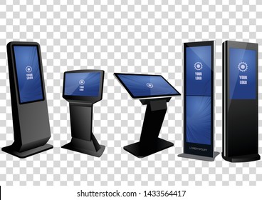 Five Promotional Interactive Information Kiosk, Advertising Display, Terminal Stand, Touch Screen Display isolated on transparent background. Mock Up Template.