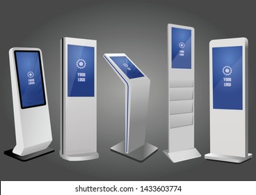 Five Promotional Interactive Information Kiosk, Advertising Display, Terminal Stand, Touch Screen Display. Mock Up Template.