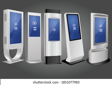 Five Promotional Interactive Information Kiosk, Advertising Display, Terminal Stand, Touch Screen Display. Mock Up Template.
