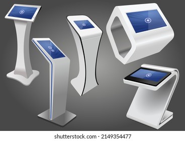 Fünf interaktive Informationskiosk für Werbezwecke, Werbedisplay, Terminalständer, Touch Screen Display. Vorlage nach oben bewegen.