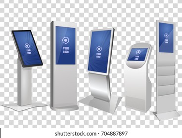 Five Promotional Interactive Information Kiosk, Advertising Display, Terminal Stand, Touch Screen Display isolated on transparent background. Mock Up Template.