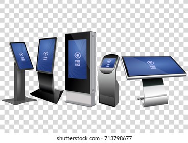 Five Promotional Interactive Information Kiosk, Advertising Display, Terminal Stand, Touch Screen Display isolated on transparent background. Mock Up Template.