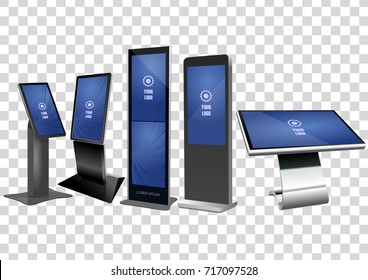 Five Promotional Interactive Information Kiosk, Advertising Display, Terminal Stand, Touch Screen Display Isolated On Transparent Background. Mock Up Template.