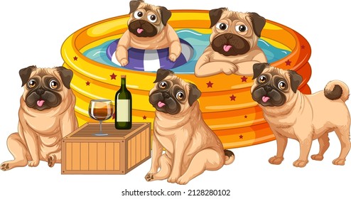 Five pugs playing in the pool illustration