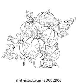 Fünf Kürbis mit lustigen Gesichtern zu Halloween. Schwarze Abbildung.