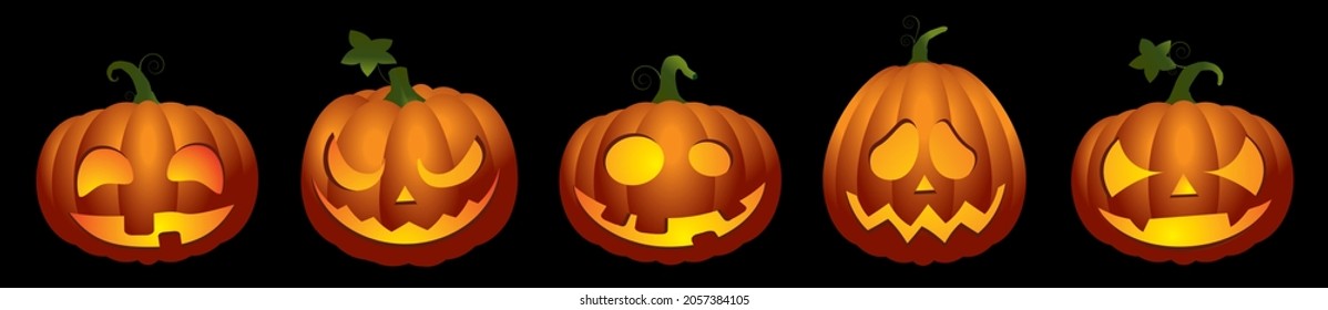 FIVE PUMPKINS FOR HALLOWEEN WITH FACES ON DIFFERENT SHAPES AND WITH DIFFERENT EXPRESSIONS