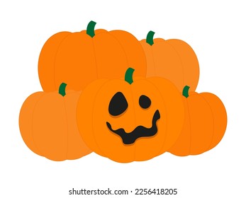 Five pumpkins, one of which with a face for halloween on a white background