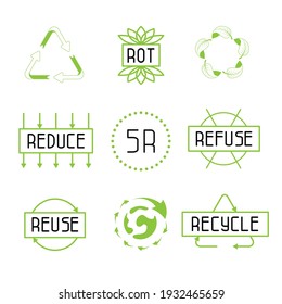 Five r concept. Reuse, resycle, reduce, refuse, rot concept illustration, Set zero waste symbols. Ecological lifestyle. Save our planet.