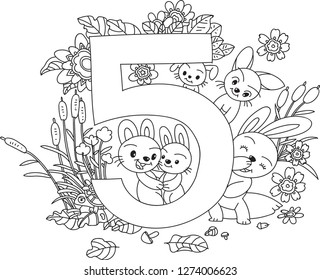 The five rabbits. Hand drawn doodle vector illustration. For counting teaching  for kids,coloring pattern, clip arts, children books coloring,background,decoration.