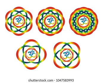 Five rainbow mandalas with the Aum /  Om sign. Abstract artistic object. Spiritual symbol.