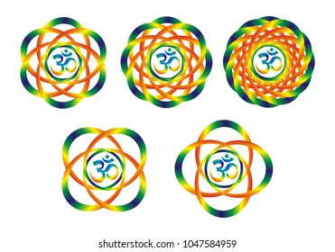Five rainbow mandalas with the Aum /  Om sign. Abstract artistic object. Spiritual symbol.