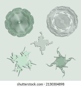 Five raised figures on a pale green background.
Two round and three round with four irregular rays