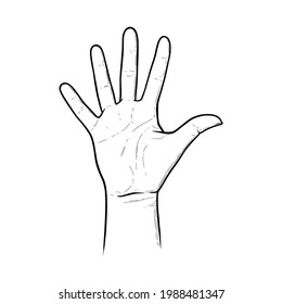 Five raised fingers as a greeting to say Hi. Highfive gesture axpressinf approval or salutation. Sketch vector illustration isolated in white background