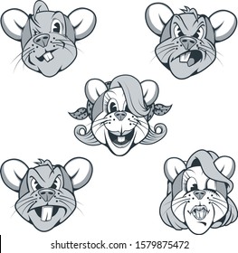 Five rat characters in cartoon style with different facial expressions.