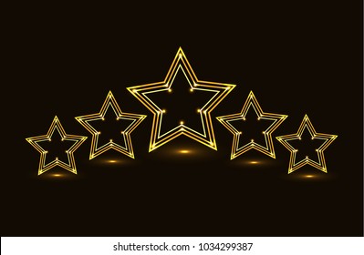 Five Rating Star gold vector illustration in black background.