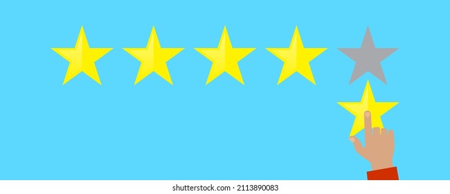 Five rating stars. Golden signs. Human hand. Positive feedback. Realistic picture. Vector illustration. Stock image. 