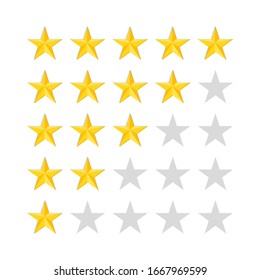 Five rating stars on white background. Top mark of quality or success. High or bad statistics. Gold stars in row for media interface, classification systems. 5 icons of likes. Rank bar in flat. Vector