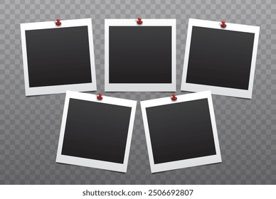 Five realistic blank attached square photo frames on dark transparent background. Vector template illustration