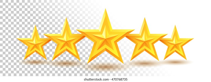 Five realistic glossy gold stars. Isolated on white transparent background. With space for text. Vector illustration.