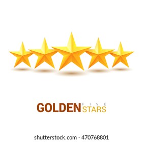 Five realistic glossy gold stars. Isolated on white background. With space for text. Vector illustration.