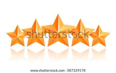 Five realistic Golden star,sign of highest quality, achieve best level. Award of three-dimensional stars, vector illustration