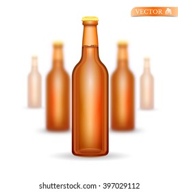 Five realistic mock up brown glass beer bottle on white background. Vector illustration with depth of field effect