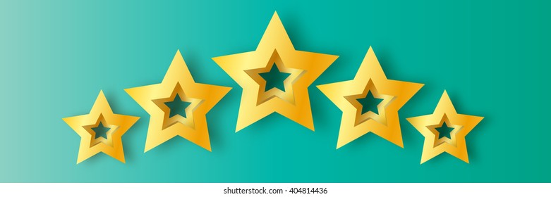 Five Realistic Origami 3D gold stars on a blue background. Award winner. 5 golden foil stars. Good job. Best reward. Choice. VIP. Premium class. Vector illustration design template
