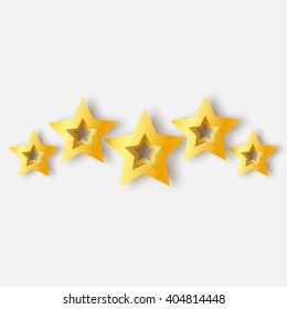 Five Realistic Origami 3D gold stars on a white background. Award winner. 5 golden foil stars. Good job. Best reward. Choice. VIP. Premium class. Vector illustration design template