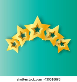 Five Realistic Origami 3D gold stars on a blue background. Award winner. 5 golden foil stars. Good job. Best reward. Choice. VIP. Premium class. Vector illustration design template