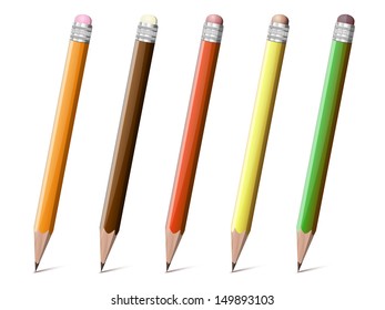 five realistic pencils of different colours on a white background