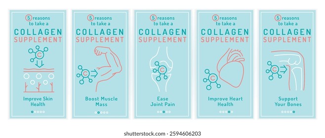 Five reasons to take a collagen supplement. Medical, healthcare infographic in outline style. Informative poster, banner. Wellness concept. Editable vector illustration isolated on a white background