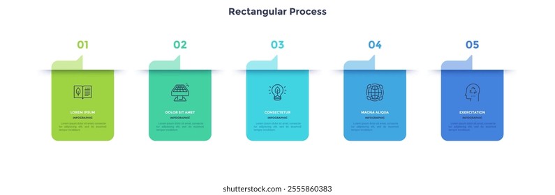 Five rectagular frames with arrows placed in horizontal row. Concept of 5 stages of strategic management process. Modern flat infographic design template. Simple vector illustration for presentation.